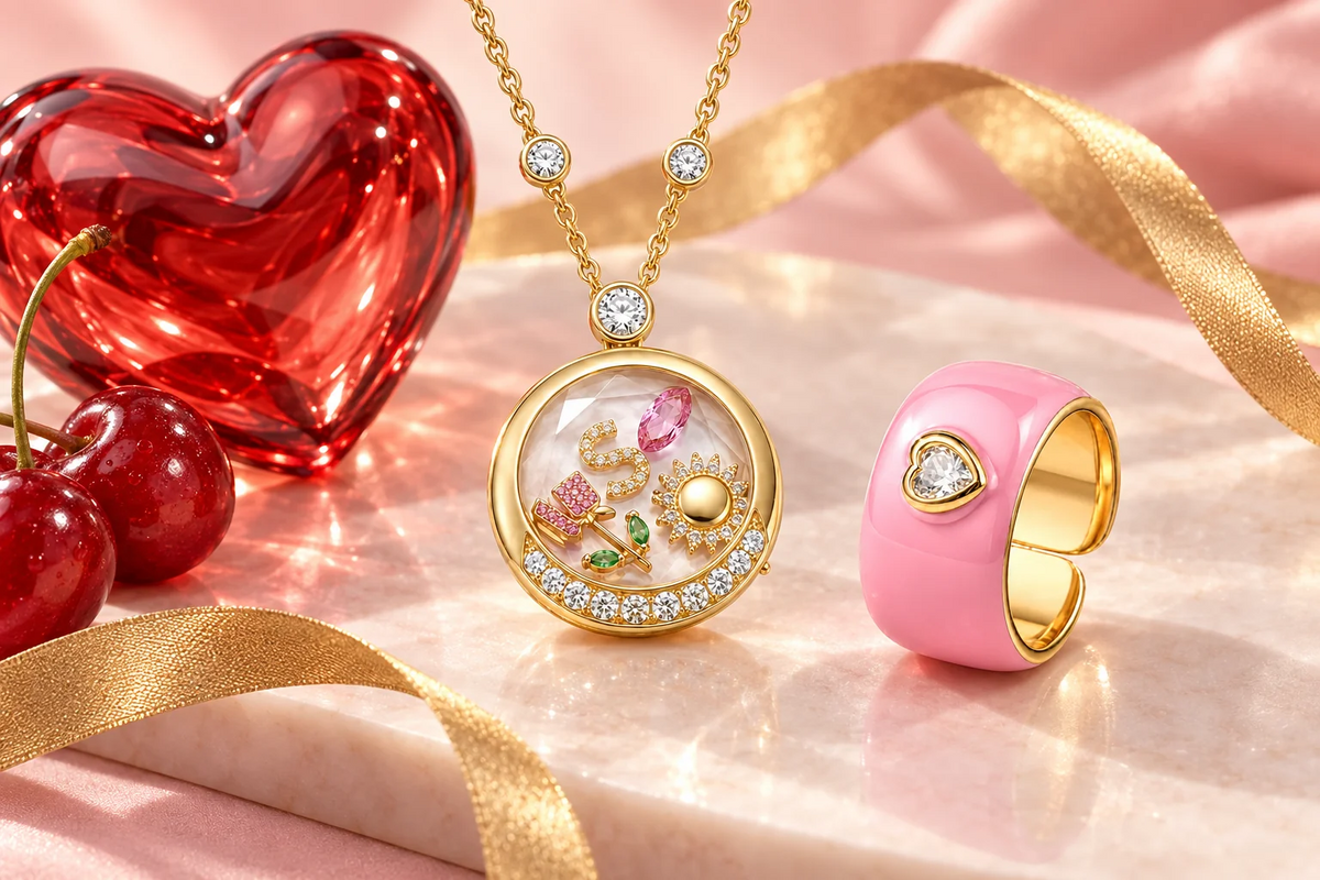 Keepsake locket and pink enamel heart ring with cherries and a red glass heart