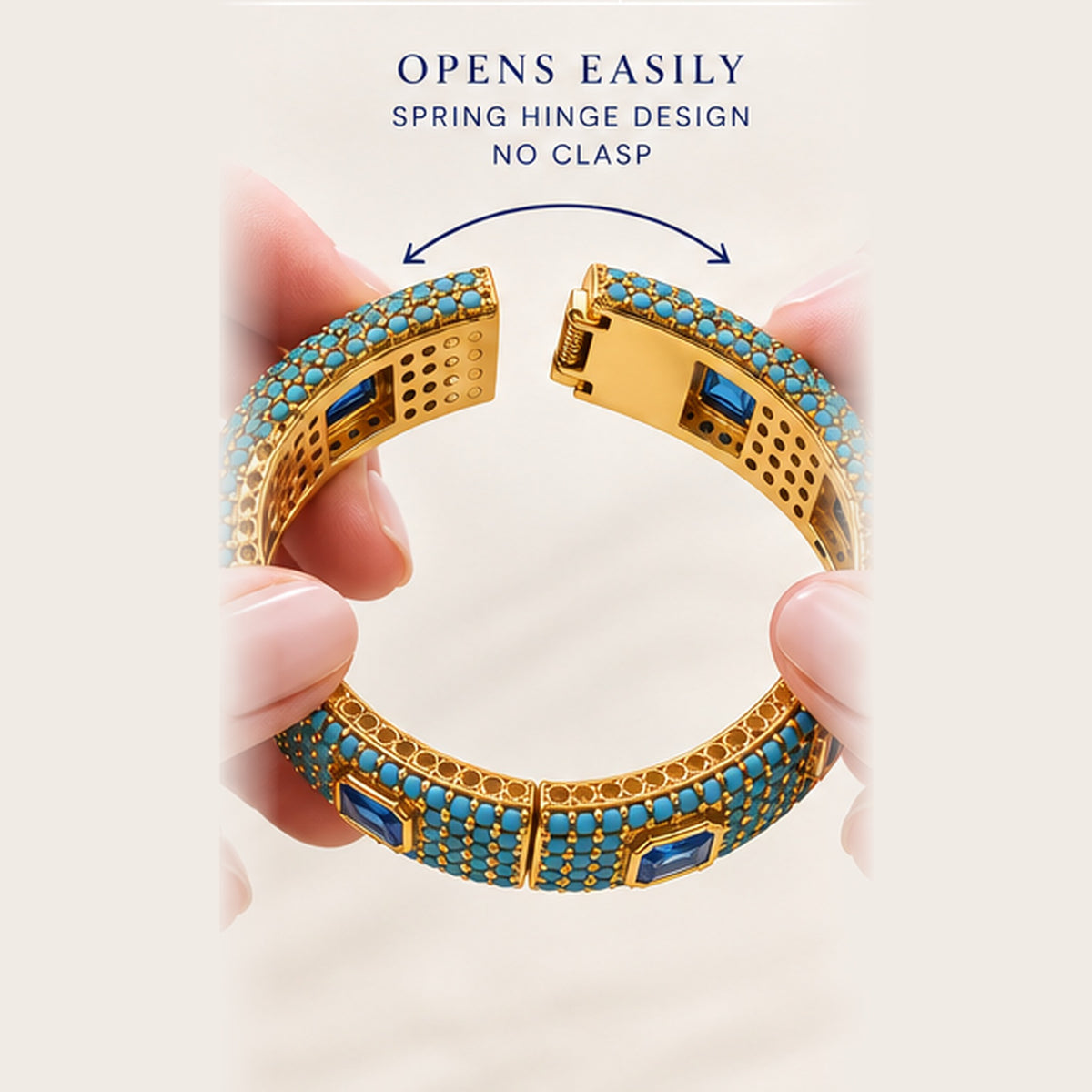 Grand Opening opens on a spring hinge — no clasp