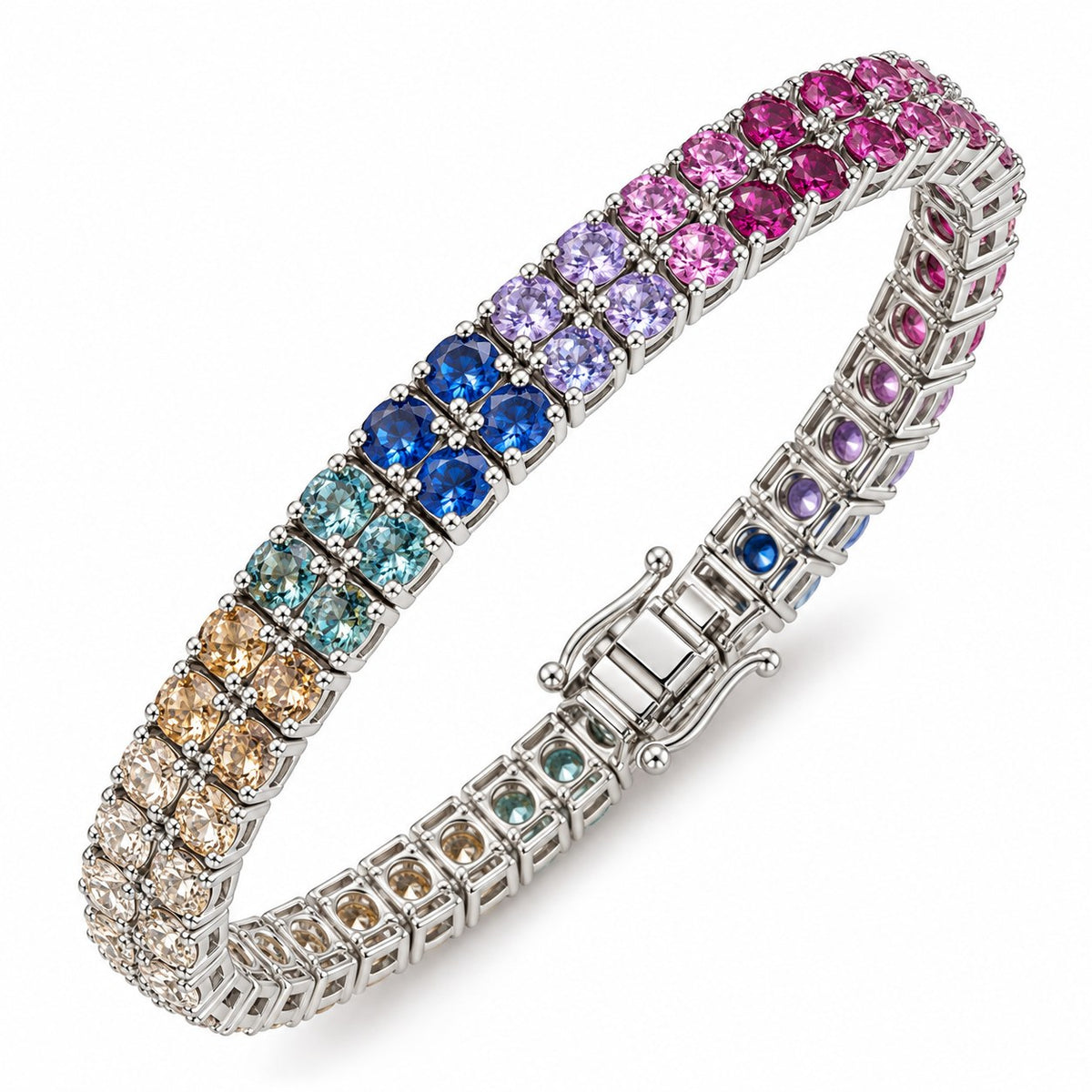 Close-up of the Color Theory rainbow double-row tennis bracelet