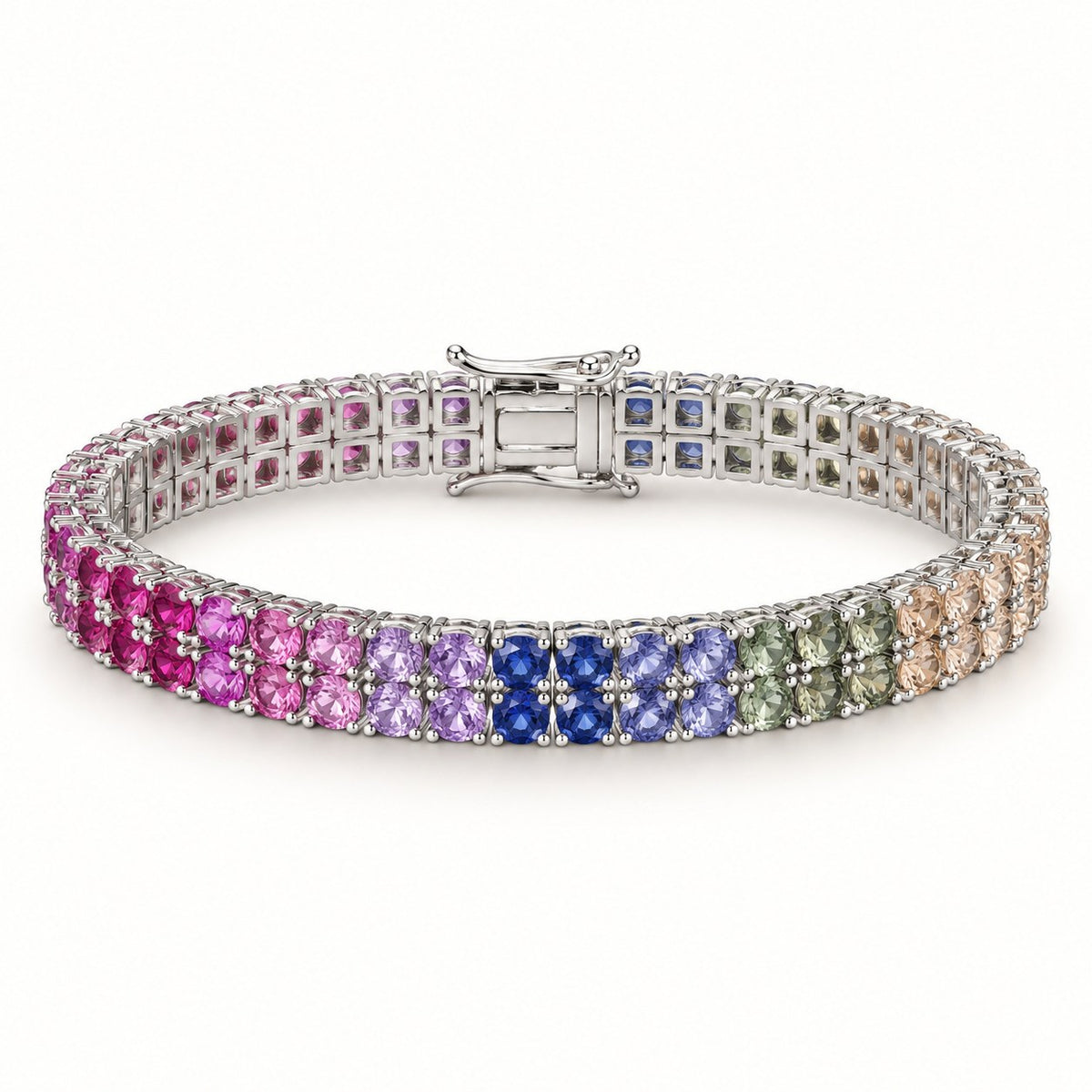 Color Theory rainbow double-row tennis bracelet with box clasp