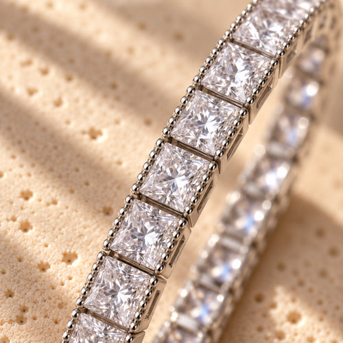 Straight Sets macro close-up: princess-cut stones channel-set between beaded sterling silver rails