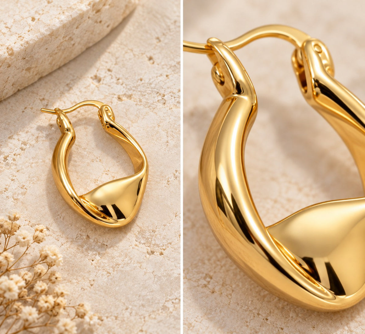 Close-up detail of the Plot Twist twisted gold hoop earring