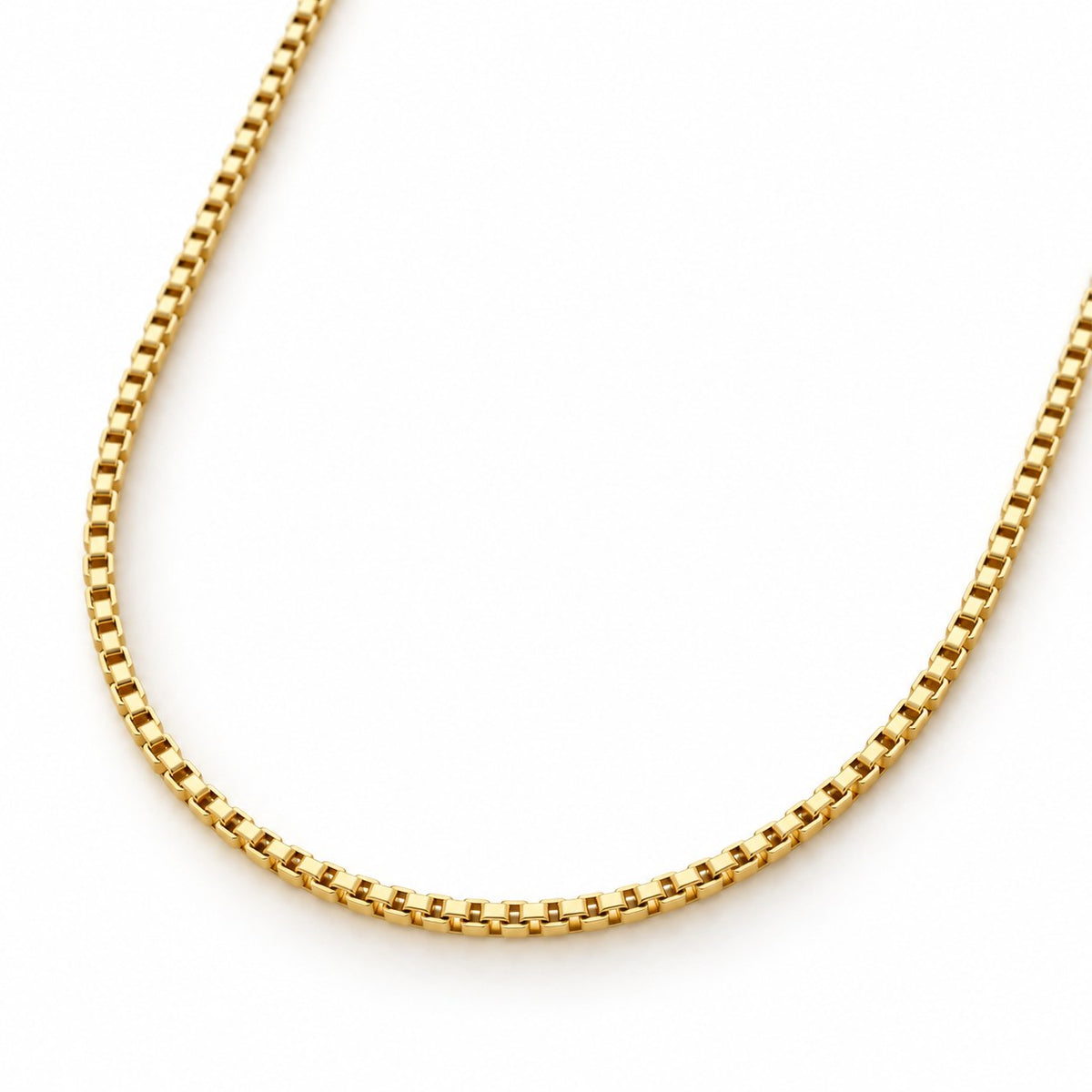 Bar None gold box chain, close view of the square links