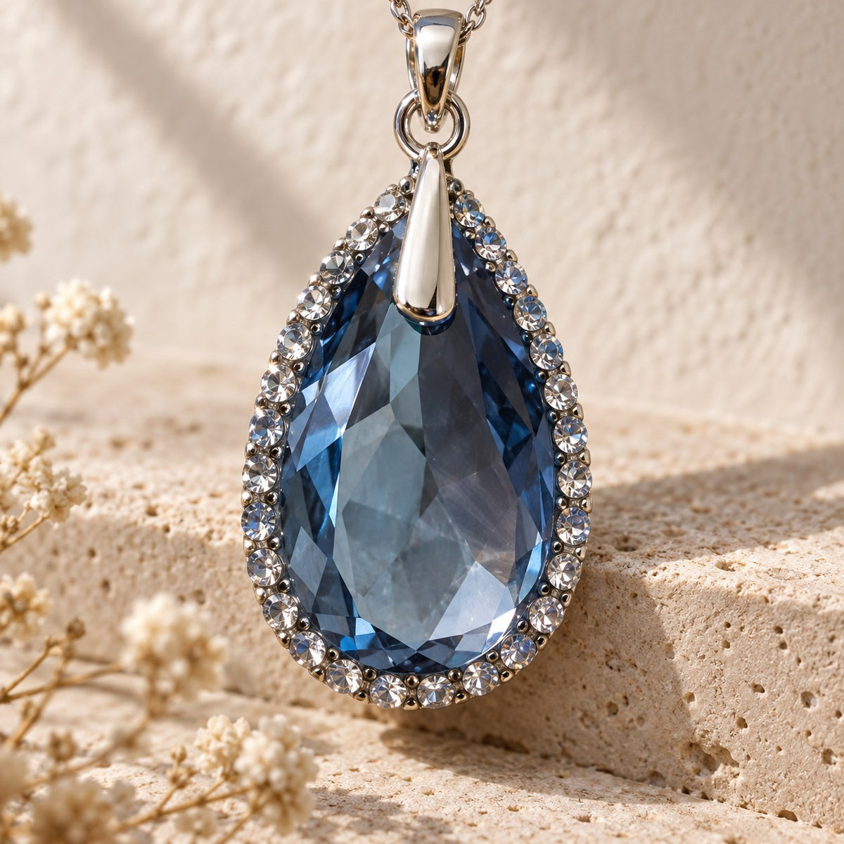 Close-up of the Blue Chip pendant showing the single row of clear crystals around the denim blue teardrop