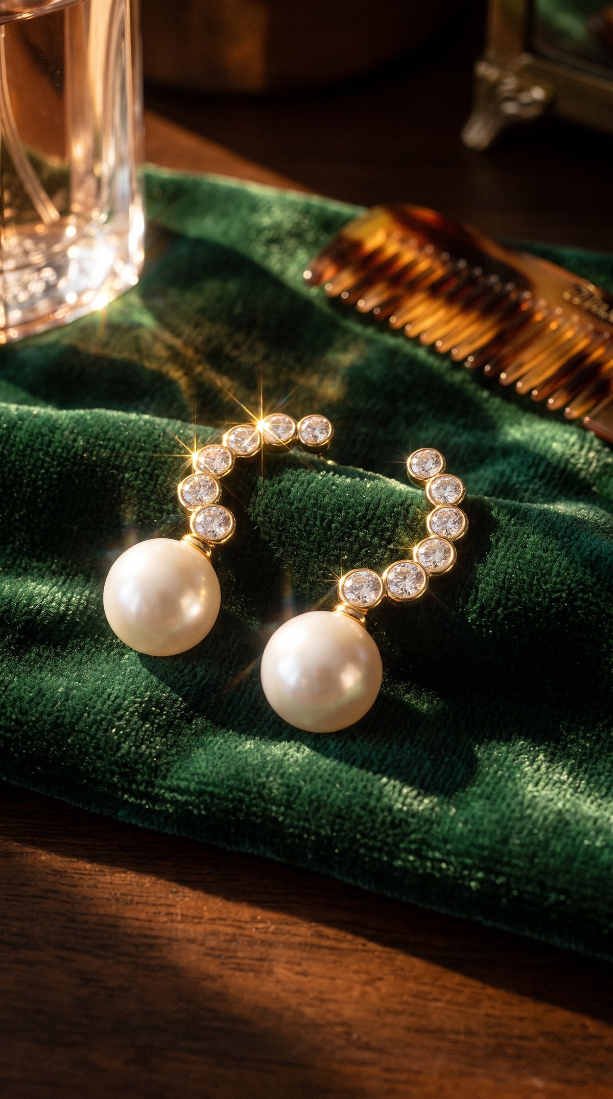Drop It Like It's Hot pearl drop earrings on green velvet