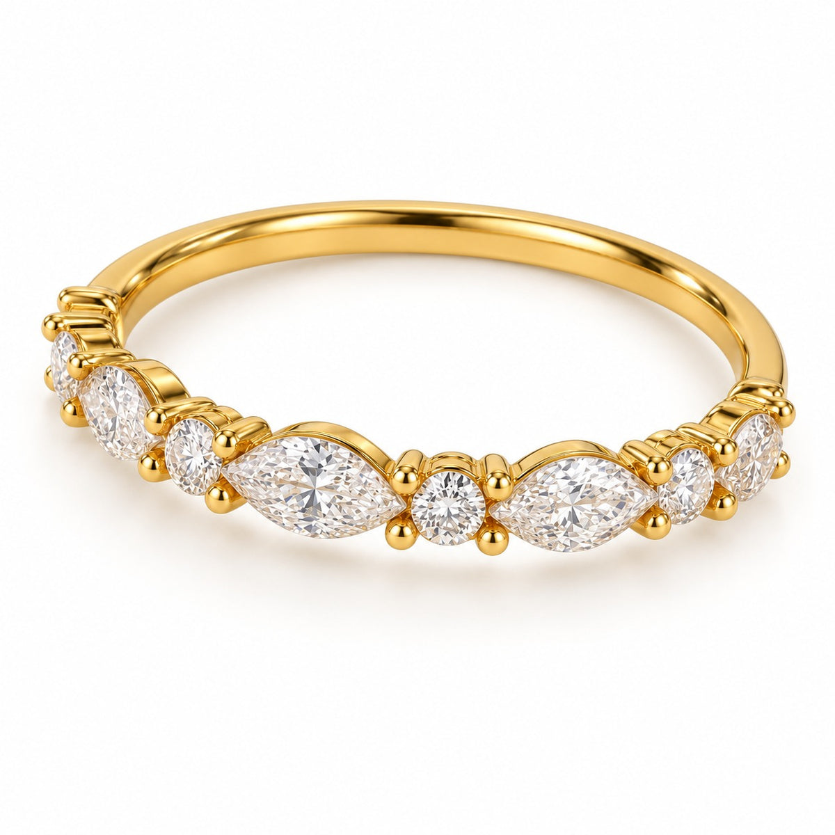Leading Line ring at an angle: alternating marquise and round stones in 14K gold