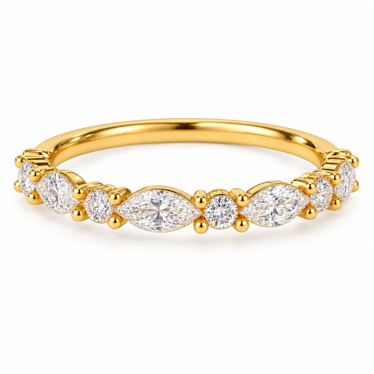 Leading Line ring: alternating marquise and round stones in 14K gold over sterling silver