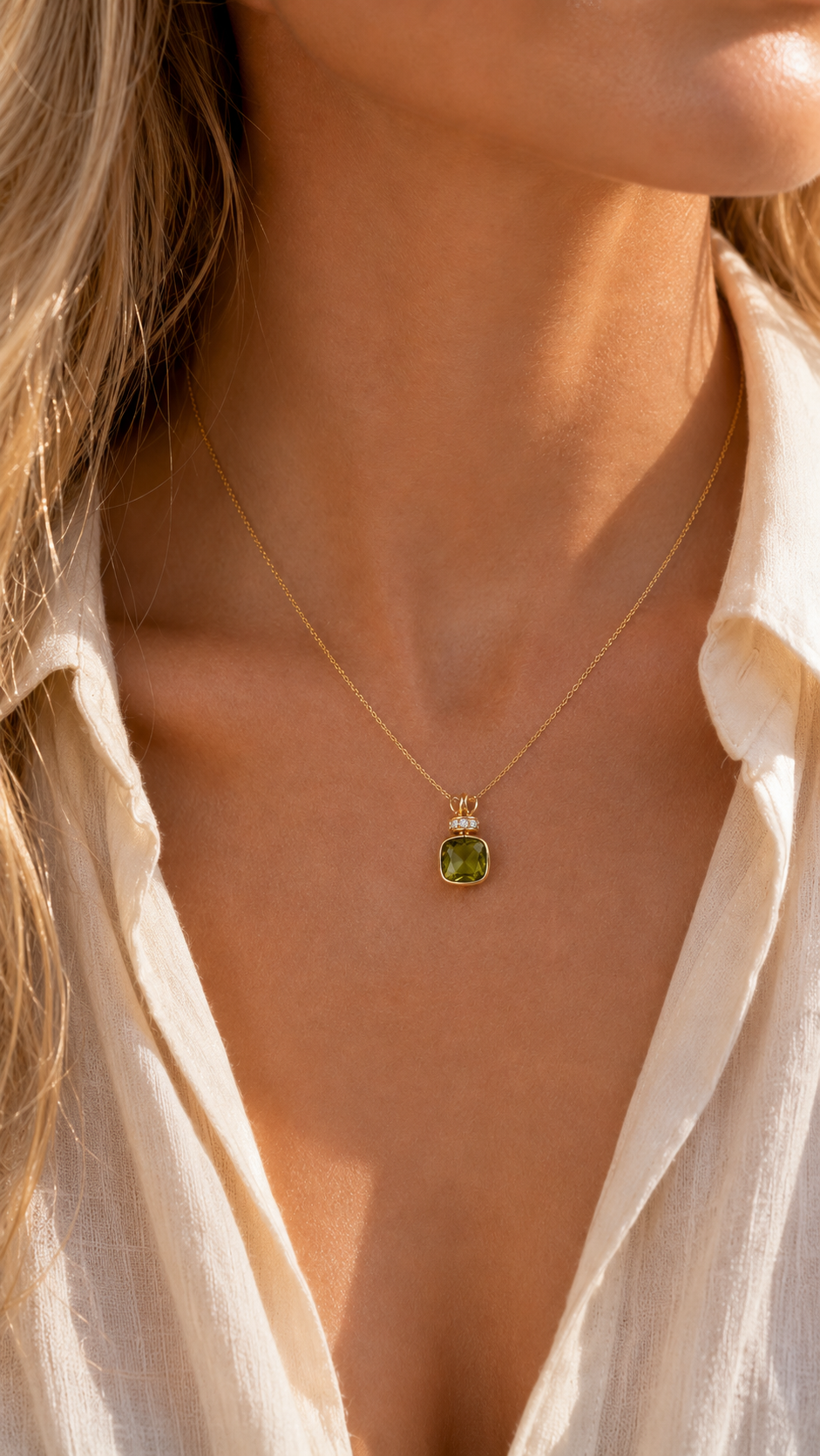 Gemma Olive crystal necklace worn on model