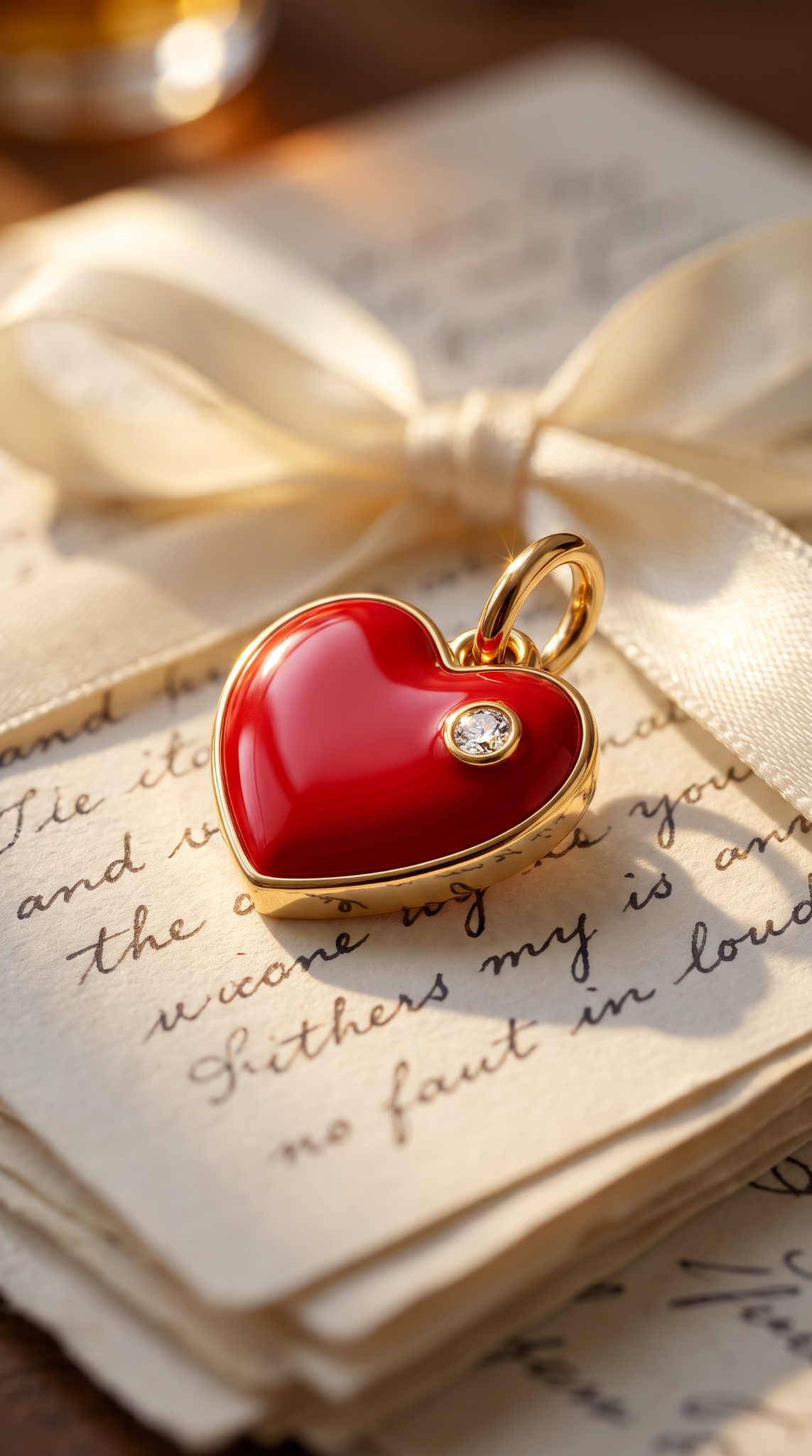 Heart on Fire red enamel charm styled with an ivory ribbon and handwritten love note