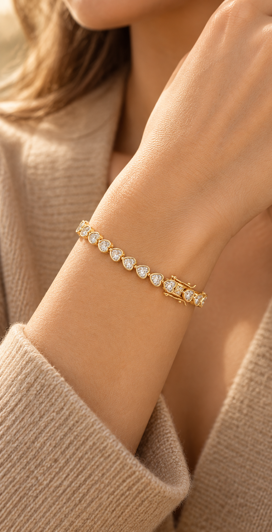 Heart Throb Tennis clear heart bracelet worn on model