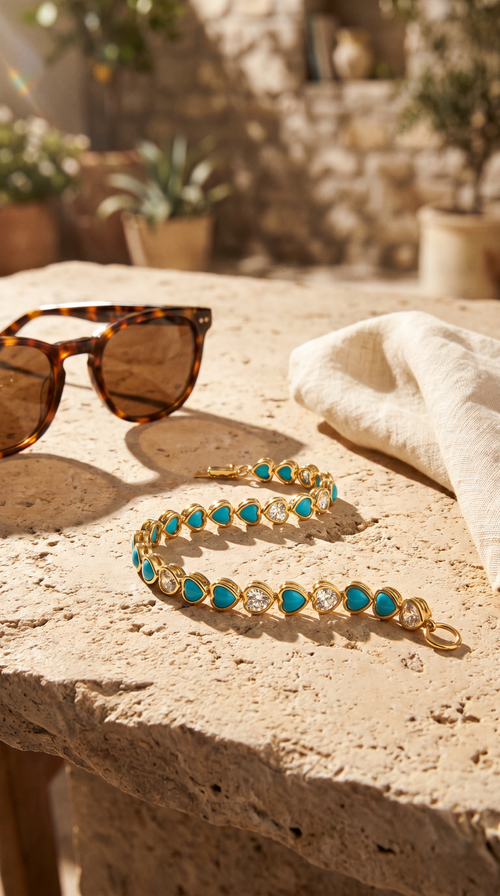 Heart Throb Tennis bracelet in turquoise styled in sunlight