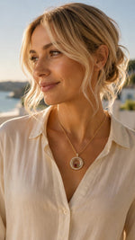 The Keepsake Locket Collection round locket worn on model