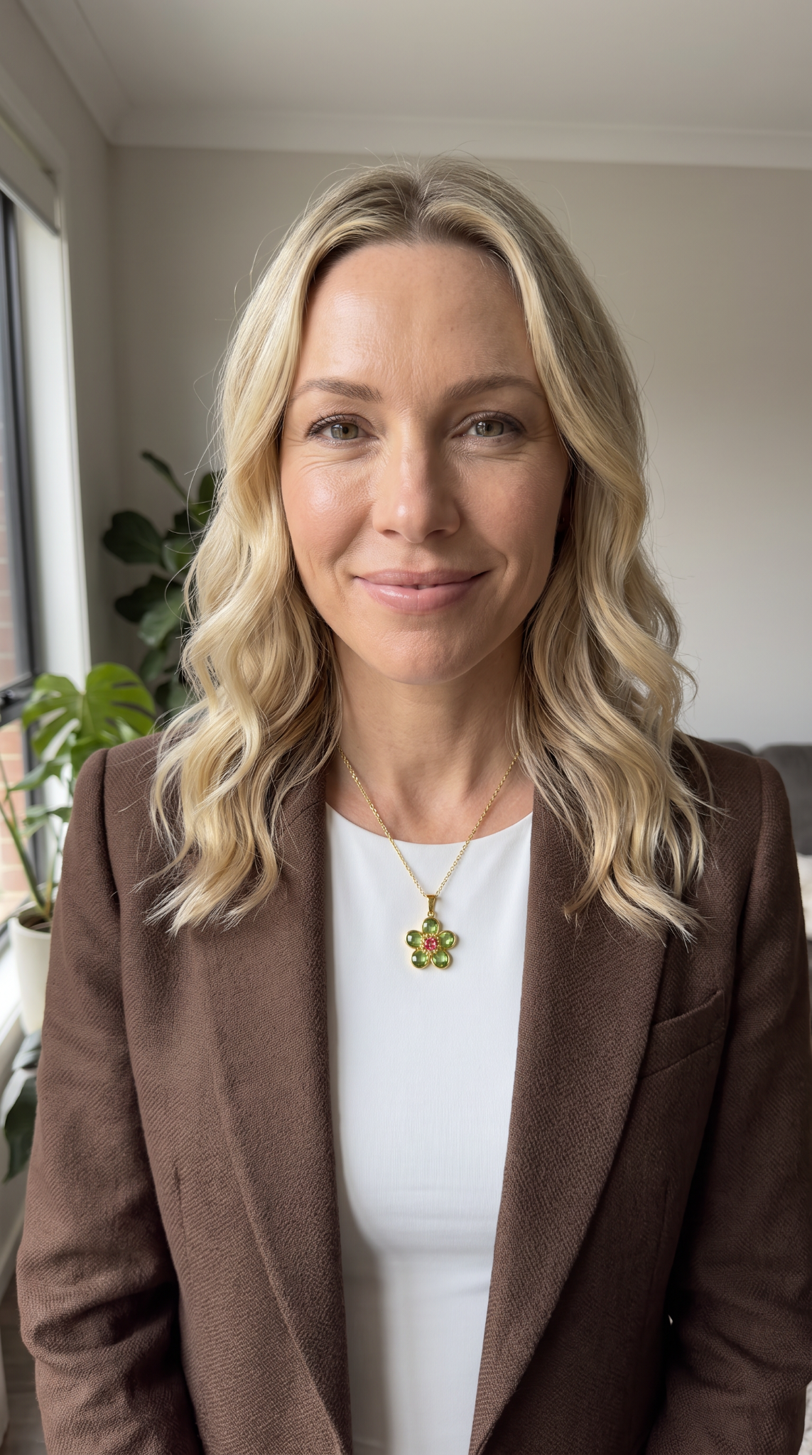 Woman wearing the Boss Up Jewels Late Bloomer necklace