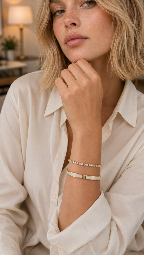 Mother Knows Best white enamel bangle worn on model