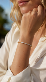 Not Your Basic Tennis crystal bracelet worn on model