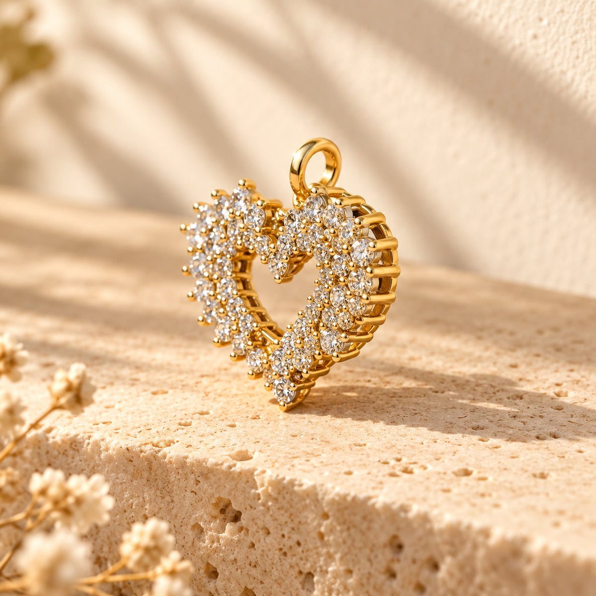 Open Offer Double Row gold open-heart pendant, angled to show the two prong-set rows
