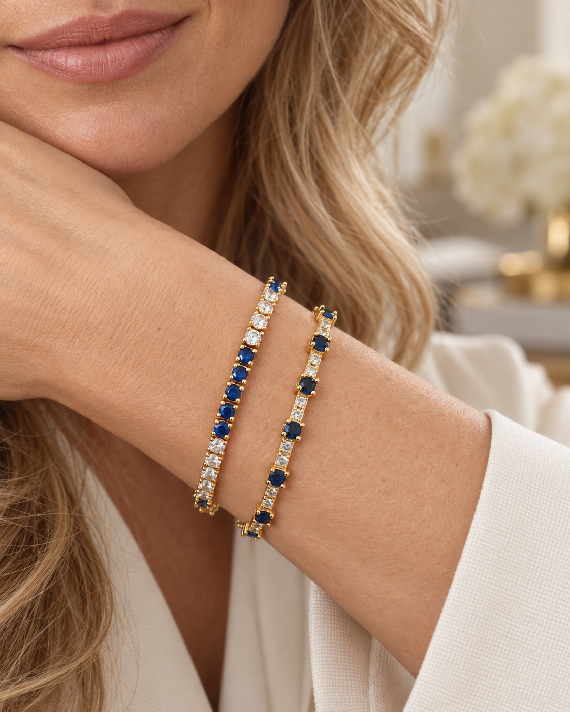Sapphire Curve stacked with Heart of the Matter in Sapphire, worn on model