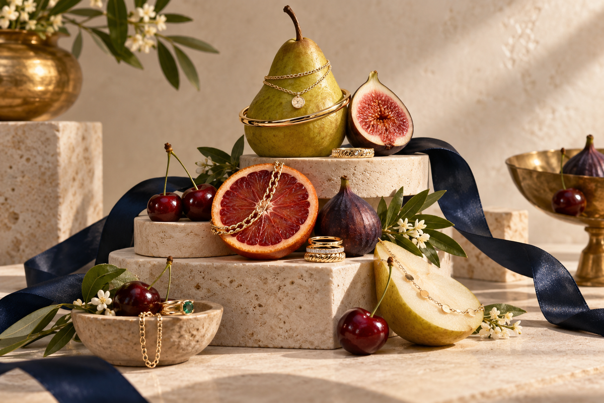 Gold jewelry styled with pears, figs, cherries and navy ribbon on warm stone