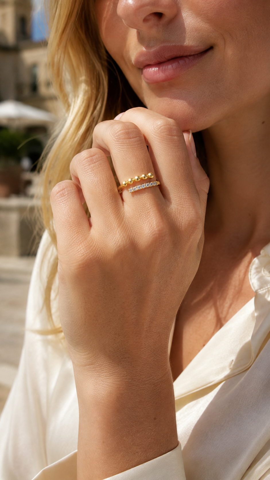 Wrapped Up in You open-wrap rings worn on model